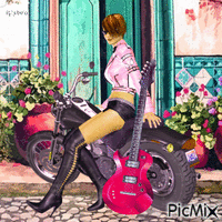 Woman-motorcycle-guitar-contest - Free animated GIF