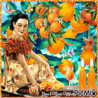Woman in an orange grove drinking orange juice - Free animated GIF