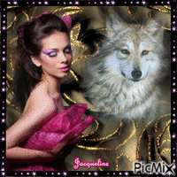 femme et loup animirani GIF
