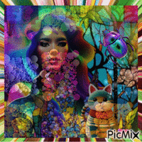 Colorful woman with pets and beetle - Besplatni animirani GIF