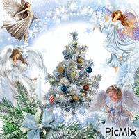 Angels and a Christmas tree - GIF animado grátis