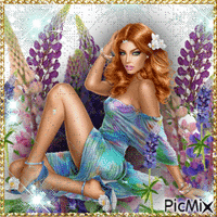 Fille avec des lupins - Free animated GIF