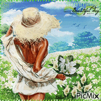 Summer. Beautiful day. Woman, white lilies animowany gif