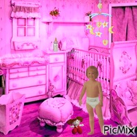 Baby and doll in pink nursery κινούμενο GIF