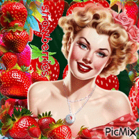 Vintage-Frau in Rot und Erdbeeren - Безплатен анимиран GIF