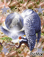 A BACKGROUND OF FLASHING BROWN FLOWERS, THERE ARE 4 SILVER STARS WITH STARDUST, NEXT THERE ARE 3 SHINING OWLS IN THE CENTER. アニメーションGIF