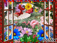 Jardin de fleurs oiseaux et papillons - GIF animado gratis