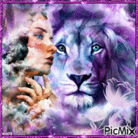 femme et lion - Gratis animeret GIF