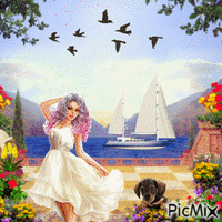 Femme sur sa terrasse au bord de mer - GIF animé gratuit