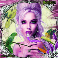 Visage de femme avec perroquets - Tons violets et verts