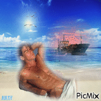 Un homme bronzer au soleil sur une plage animoitu GIF