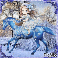 Blue girl on Christmas horse - GIF animé gratuit