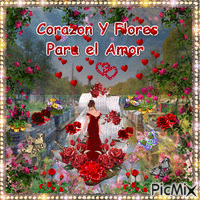 Corazon y flores para el Amor - GIF animé gratuit
