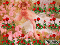 Szőke nő rózsák közt. animēts GIF
