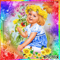 little girl with flowers - GIF animé gratuit
