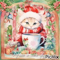 Cat Christmas cup Have a nice day - GIF animé gratuit