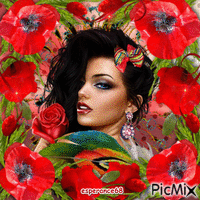 femme au cadre coquelicots - Free animated GIF