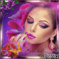 Lady with violet flowers - GIF animé gratuit