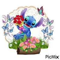 Stitch Brings Flowers 2-You - Free animated GIF