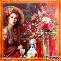 Femme avec un chapeau et fleurs assorties - GIF animé gratuit
