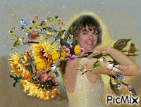 Lady with Sunflower & Bird Bouquet Animated GIF