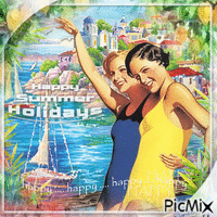 Happy summer Holidays vintage woman friends - GIF animé gratuit
