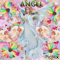 A PASTEL BLUE, PINK, AND PURPLE BACKGROUND WITH GOLD SPARKLES, PINK BUTTERFLIES AND RED AND PINK HEARTS, 4 PINWHEELS, A BIG BLUE ANGEL, AND 4 LITTLE ANGELS AND THE WORD ANGEL IN FRONT OF THE PICTURE. - Free animated GIF