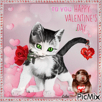 To You, Happy Valentines Day. Cat, mouse, love, rose - Безплатен анимиран GIF