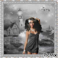 Lighthouse Scene & Woman In Grey And White GIF animé