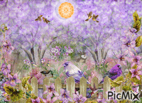 A BACK YARD WITH A WHITE PICKET FENCE WITH PURPLE BIRDS AND PURPLE FLOWERS.A DUCK AND A RABBIT, PURPLE TREES, AND FLYING BIRDS animēts GIF