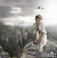 Femme sur un rocher - GIF animado gratis