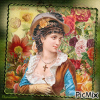 Carte postale d'une femme victorienne avec des fleurs. - Безплатен анимиран GIF