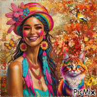 Have a Colorful Day. Autumn. Cat, woman GIF animé