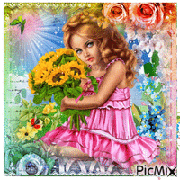 Little Girl with Sunflowers - Free animated GIF