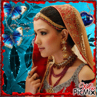 Jeune fille indienne portrait bleu et rouge