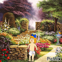 Cartoon baby in garden geanimeerde GIF
