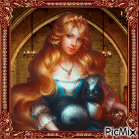 Lächeln einer rothaarigen Frau mit einer Katze - 無料のアニメーション GIF