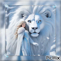femme et lion hiver GIF animé