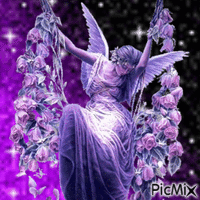Femme et fleurs violettes - GIF animé gratuit