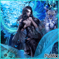 Femme fantasy avec un animal, en bleu - Gratis animeret GIF