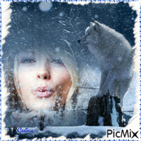 La femme et l'animal en hiver - GIF animé gratuit