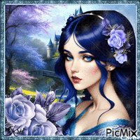 Femme en bleu avec une rose bleue GIF animé