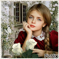 beautiful little girl and white roses - GIF animé gratuit