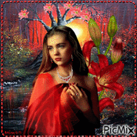 la femme et les lys rouges - Gratis animerad GIF