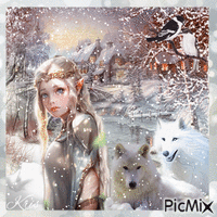 Elfe fantasy avec un loup en hiver
