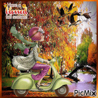 Have a blest fall season. Woman on a scooter