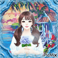 Little Girl with Blue Flowers - 免费动画 GIF