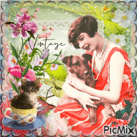 Femme avec son chien_vintage