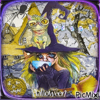 Little witch and cat animoitu GIF