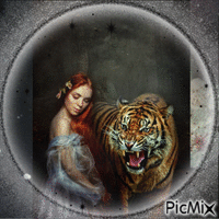 woman and tiger GIF แบบเคลื่อนไหว